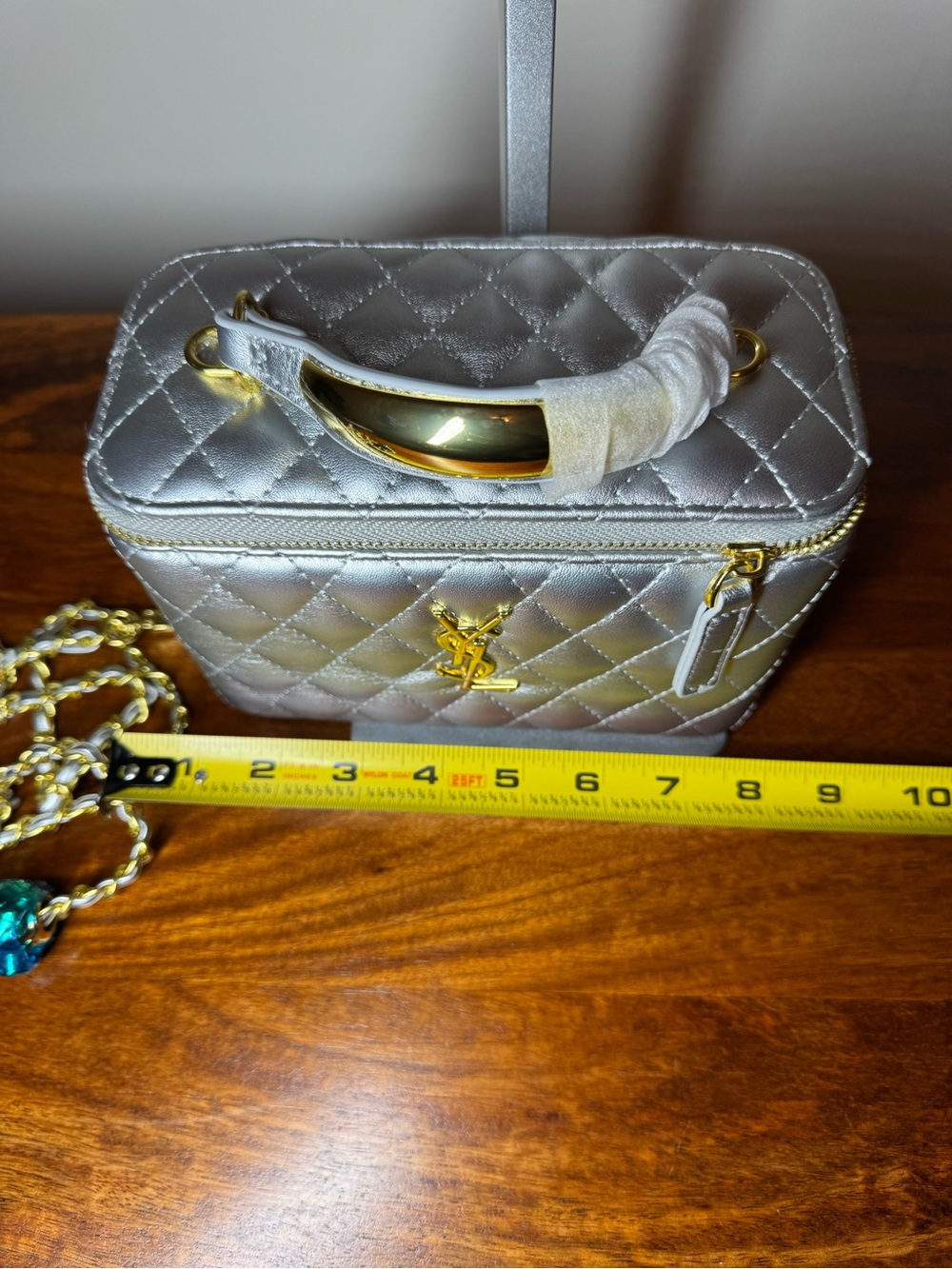 BRAND NEW! Saint Laurent Silver Quilted Mini Vanity Bag